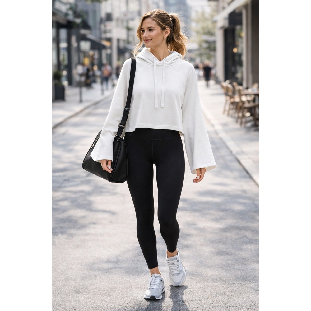 Athleta‎ Cropped Hoodie Small White Flare Sleeve Lounge Yoga Pilates Athleisure